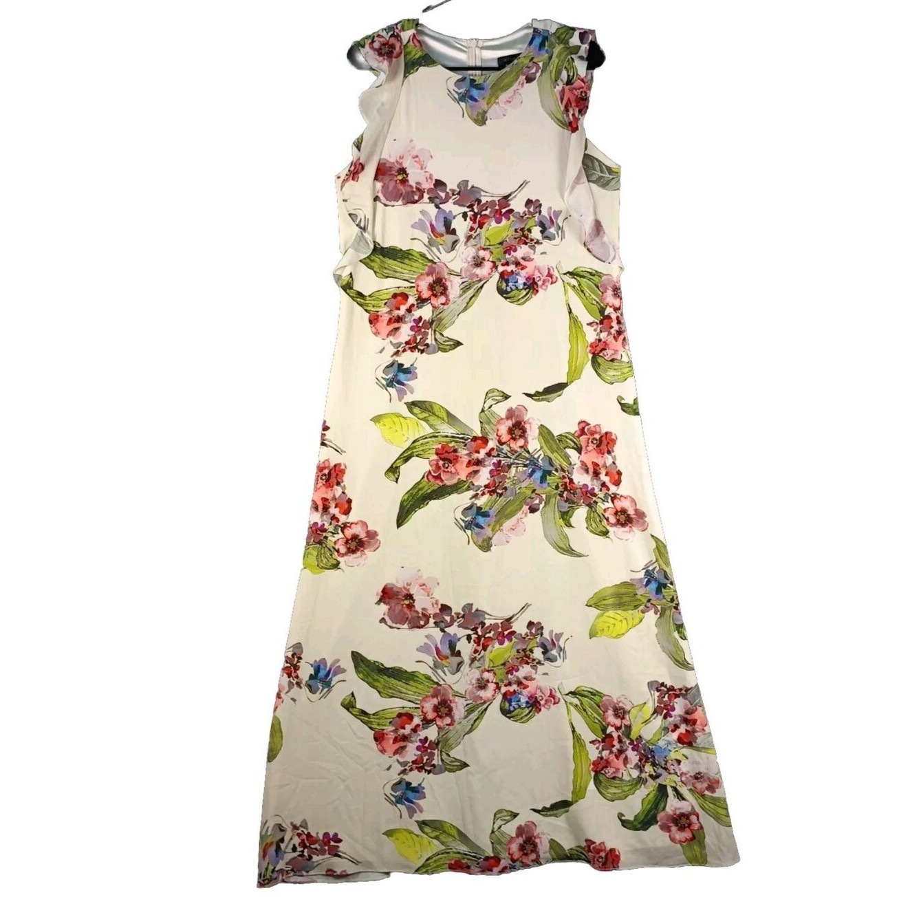 Eclipse Maxi Dress Size Medium Ivory Floral Ruffle Sleeve Sheath A Line Chiffon