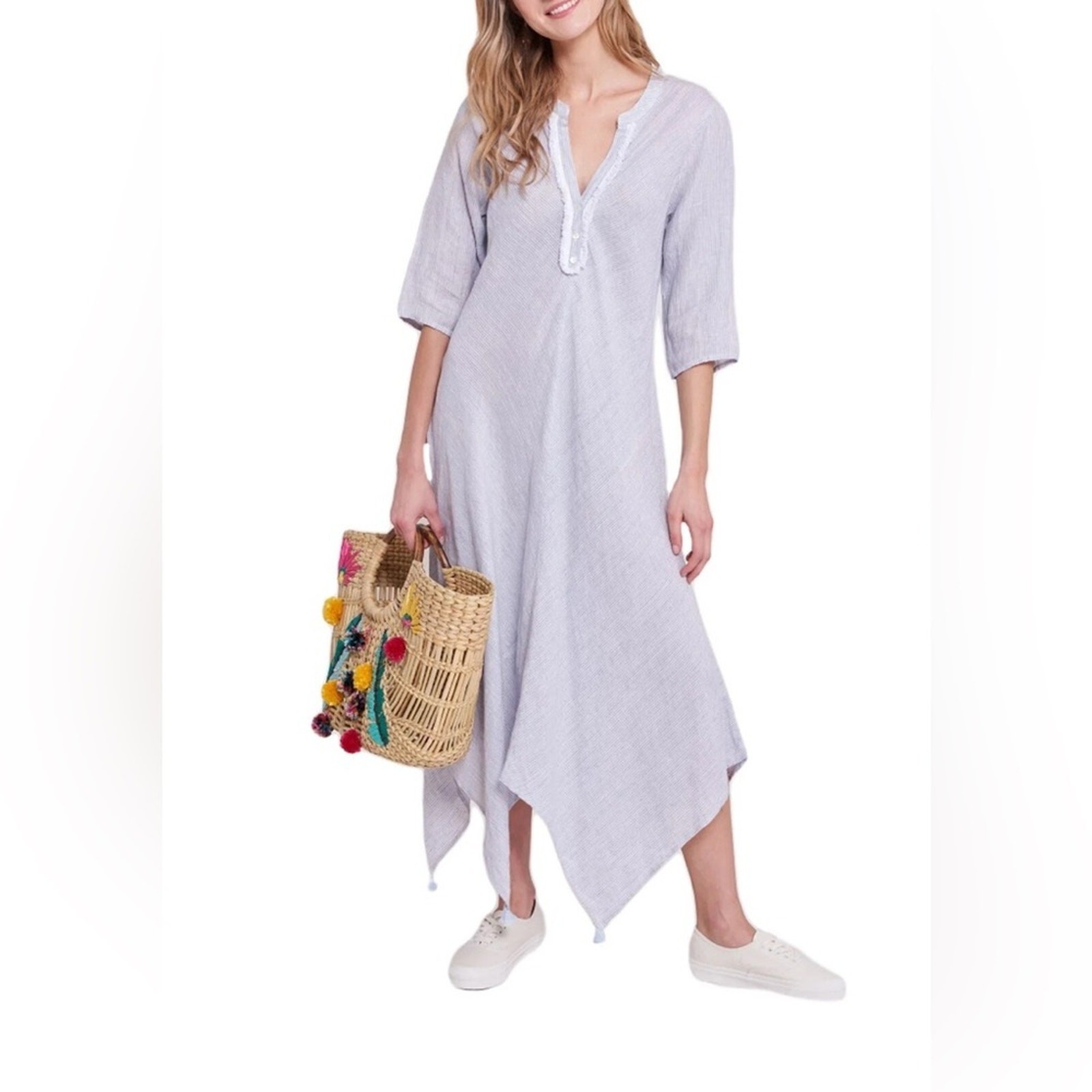ROLLER RABBIT Blue White Jeni Stripe Asymmetrical Fringe Berenice Dress LARGE