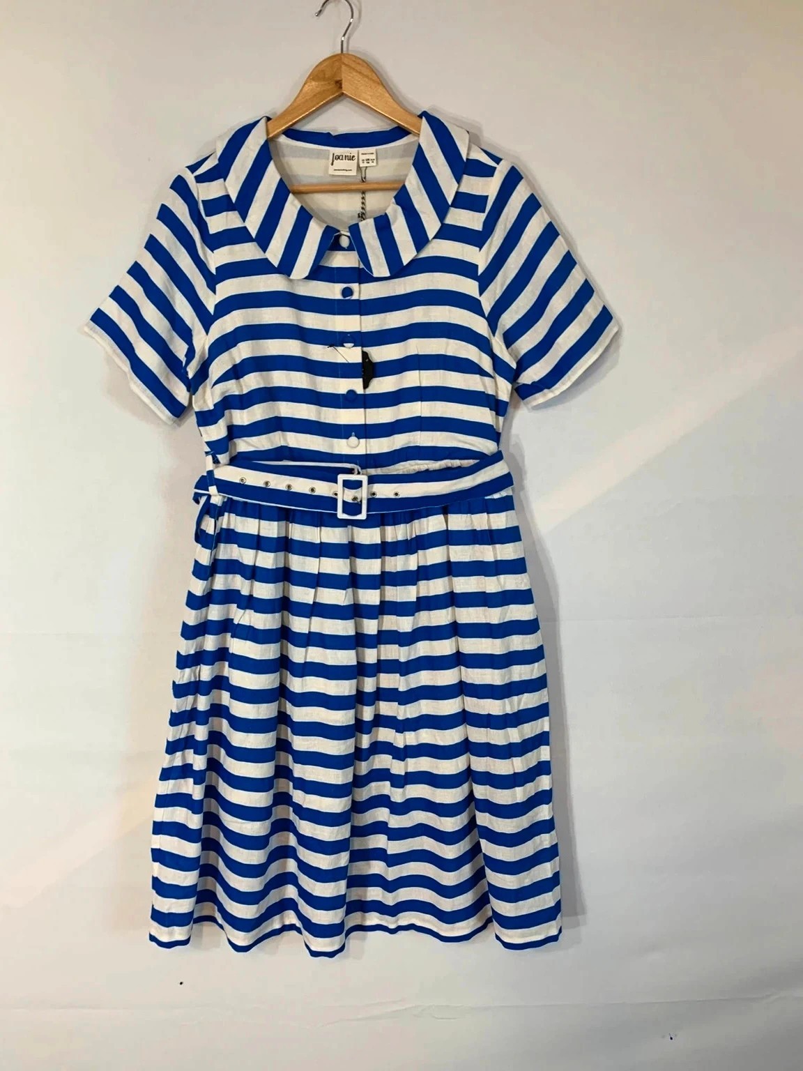 Joanie Jean Sun Dress 14 Blue White Striped Round Collar Belt Pockets Seaside