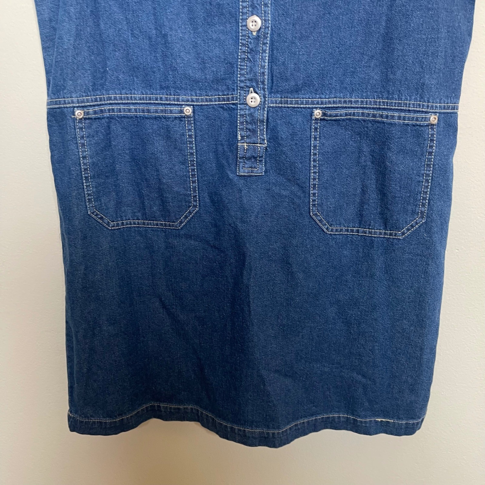 Vintage Basic Edition Denim Pinafore Dress Blue Button Front Patch Pockets M 90s