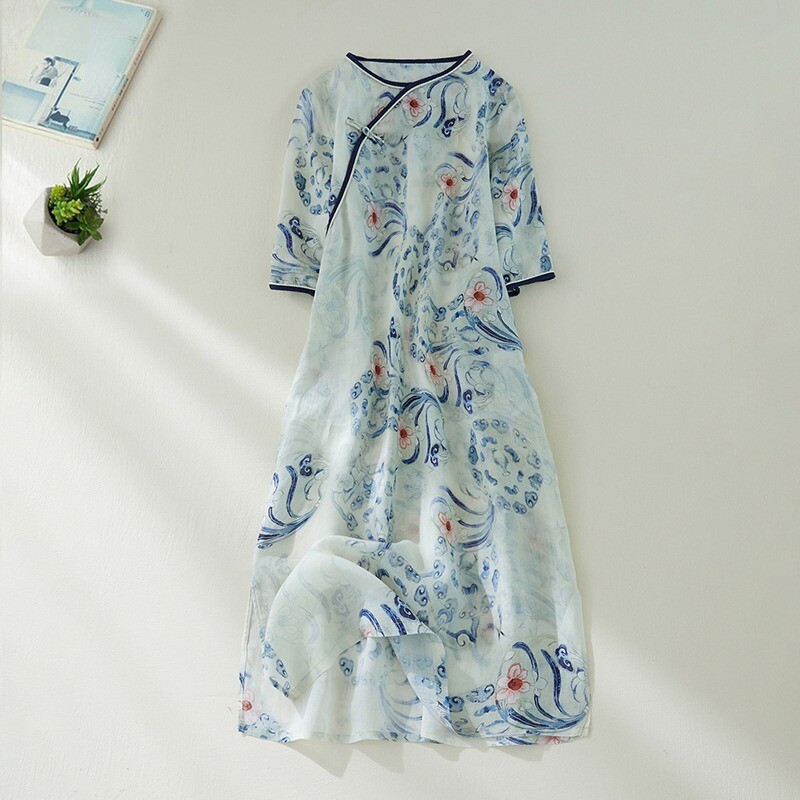 Women Chinese Style Floral Cheongsam Dress Half Sleeve Loose Retro Casual Dress