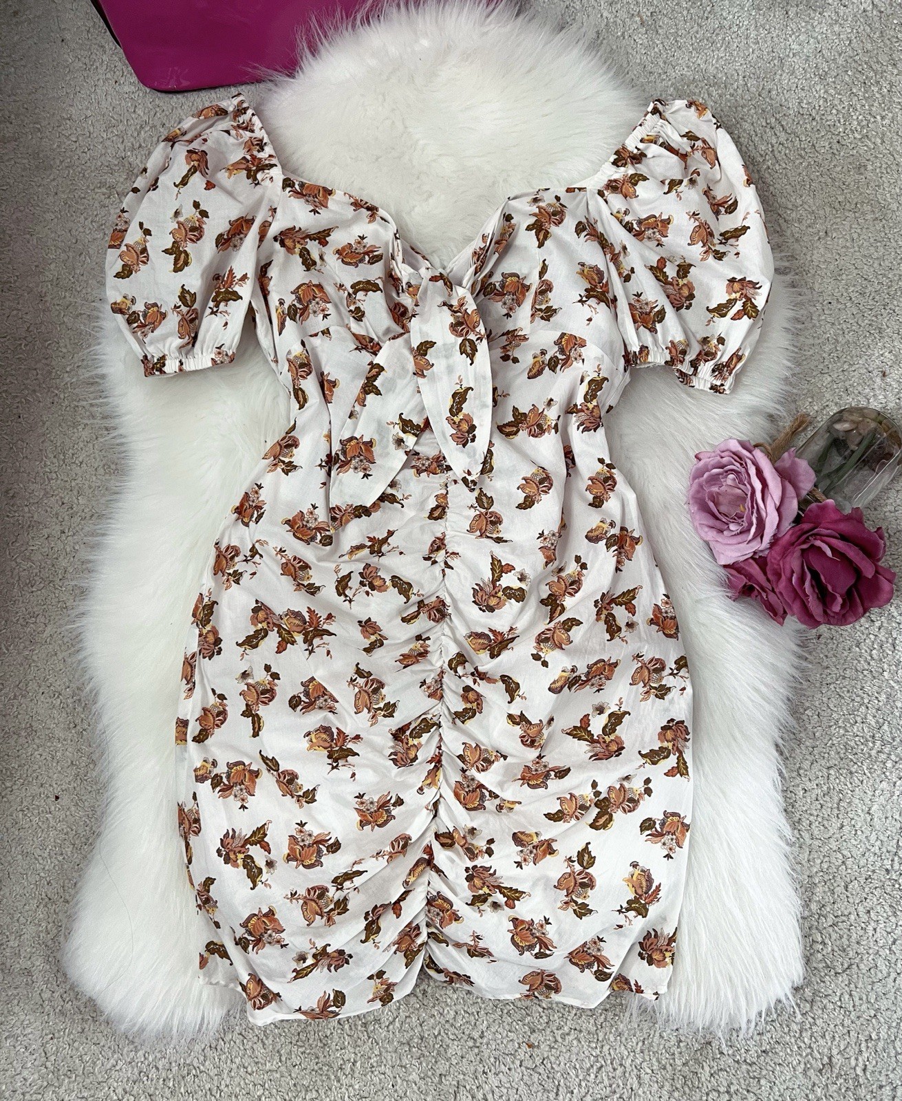 Cottagecore Floral Ruched Mini Dress Front Tie Cotton UK10