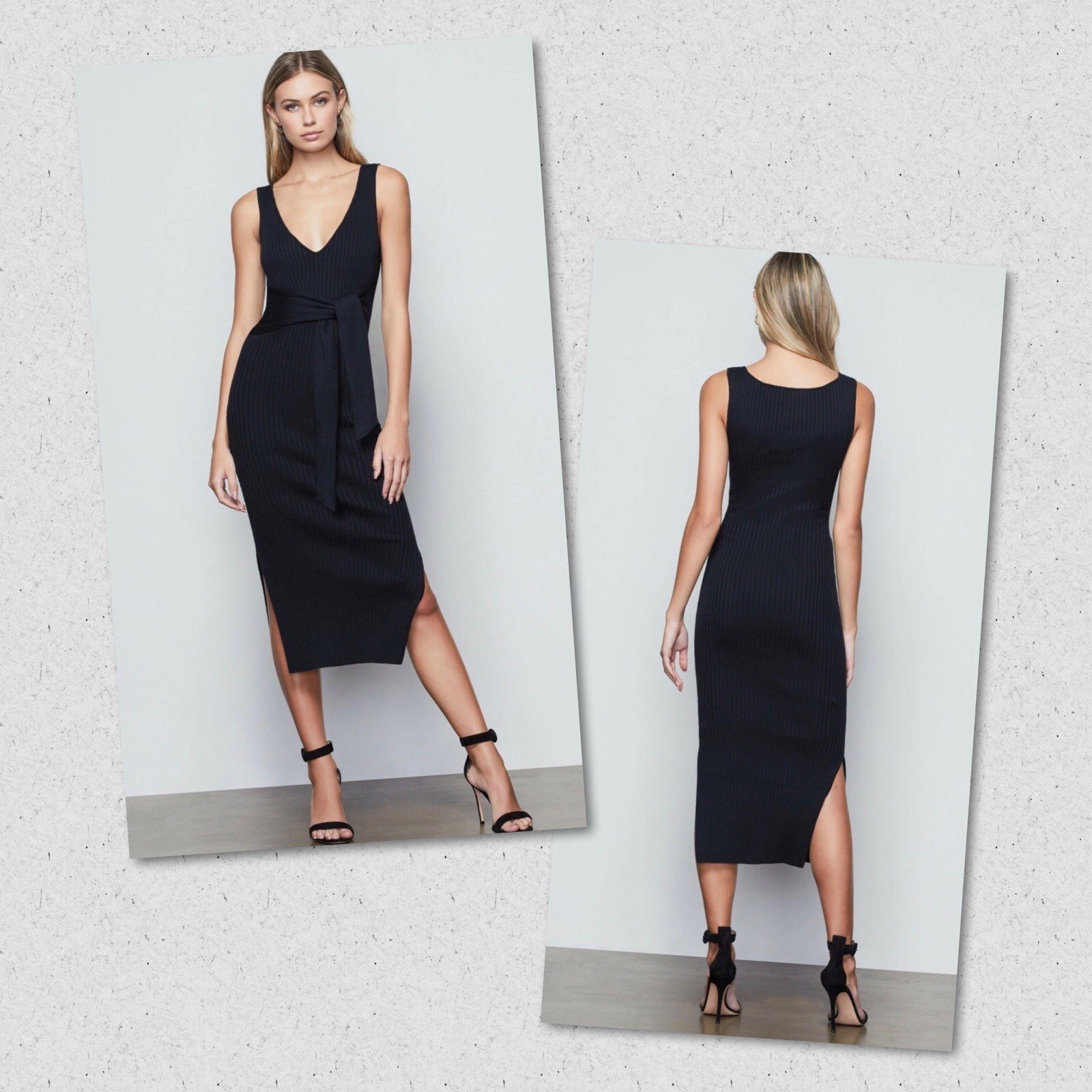 GOOD AMERICAN Black Ribbed V-Neck Tie-Front Sleeveless Knit Midi Dress Sz 2
