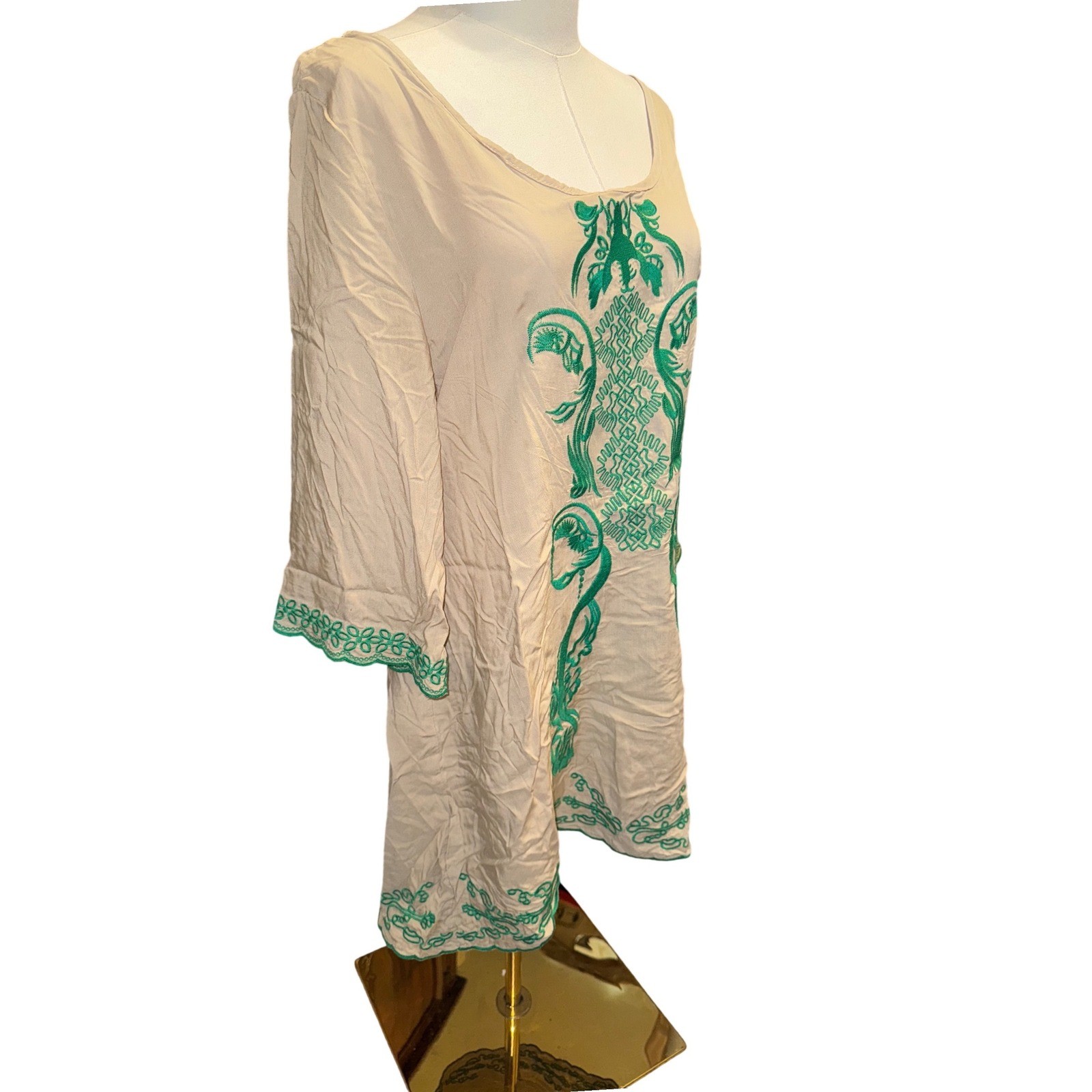 Urban Mango Women Beige Green Embroidered Cotton Tunic Dress Large NEW