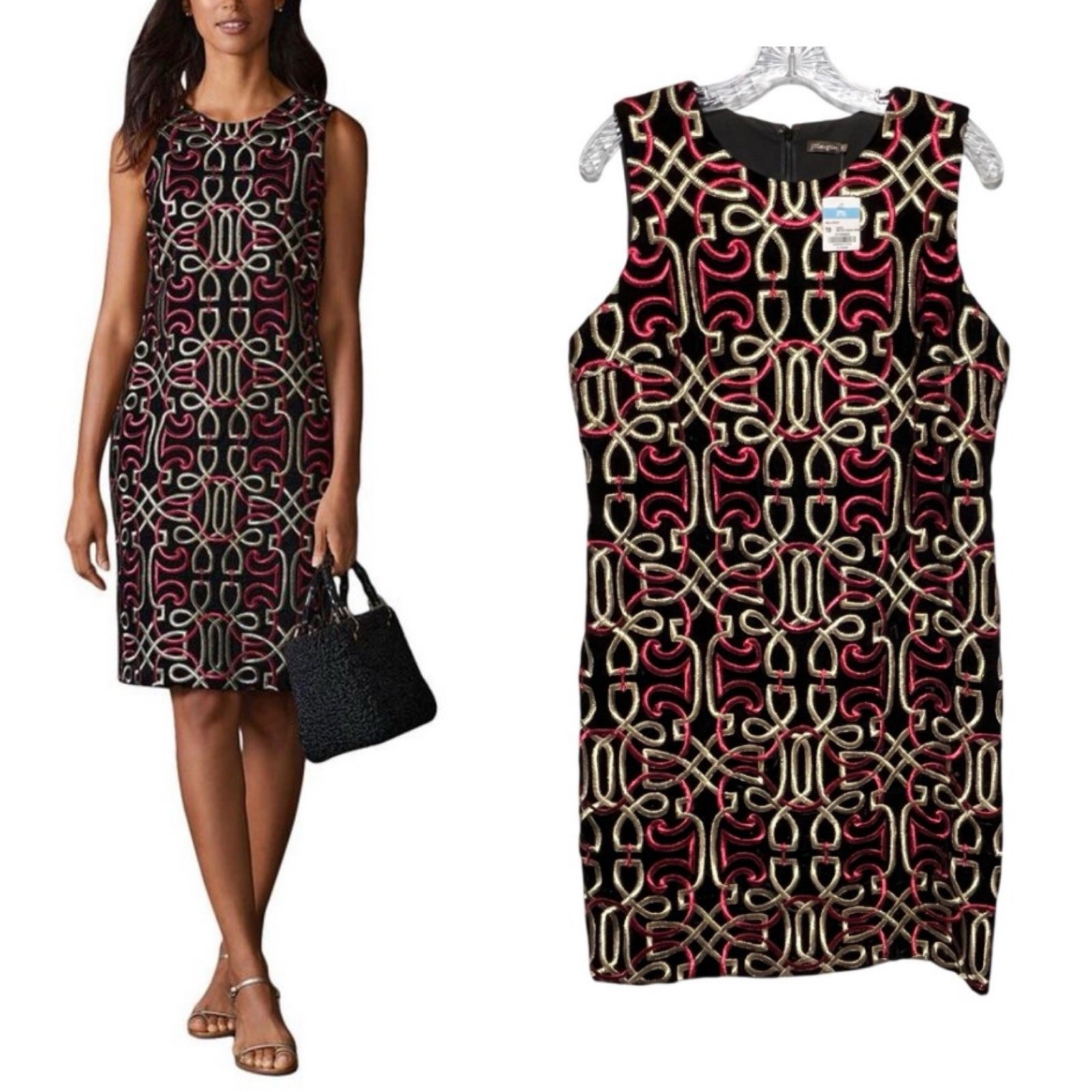 J. McLaughlin Freja Dress Neo Beltmore Embroidery Velvet Black Gold Red 10 Nwt