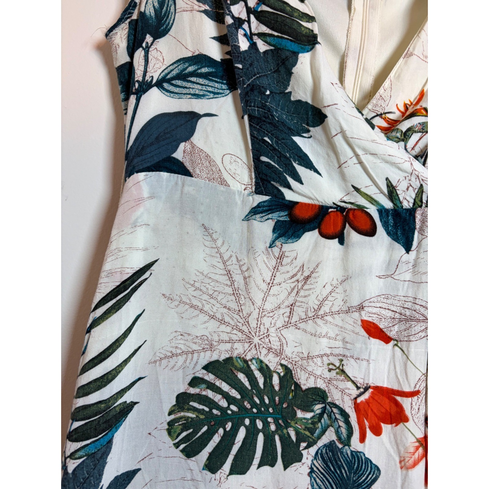Young Essence Tropical Botanical Floral Faux Wrap Midi Dress White Green Orange