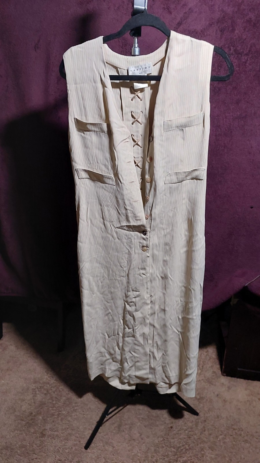 Vertigo Paris Beige Woven Lace-Up Sleeveless Round Neck Knee Dress Women’s S