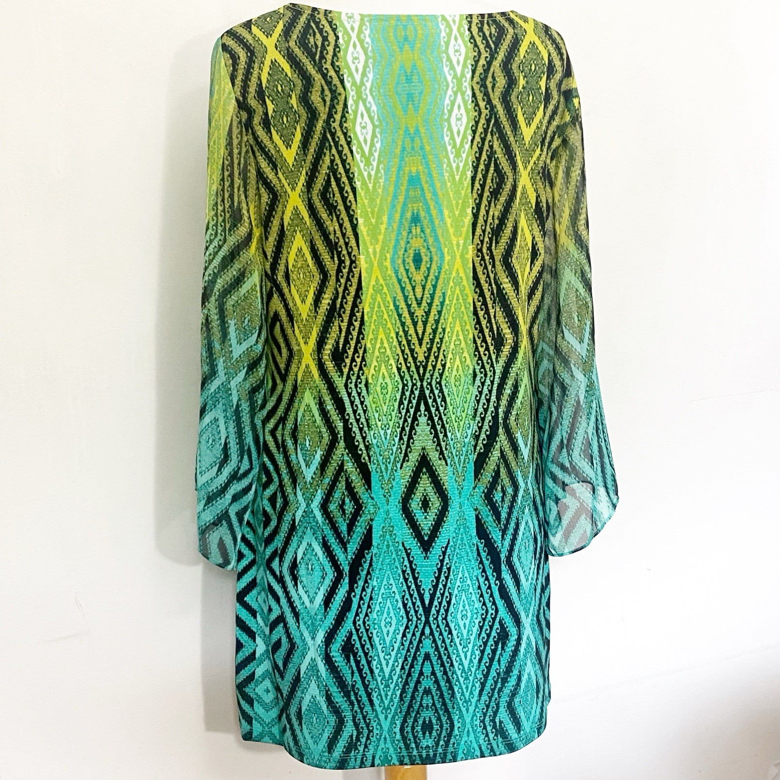 Style & Co. Green Ombre Geometric Print Opaque Body, Sheer Sleeves Dress L