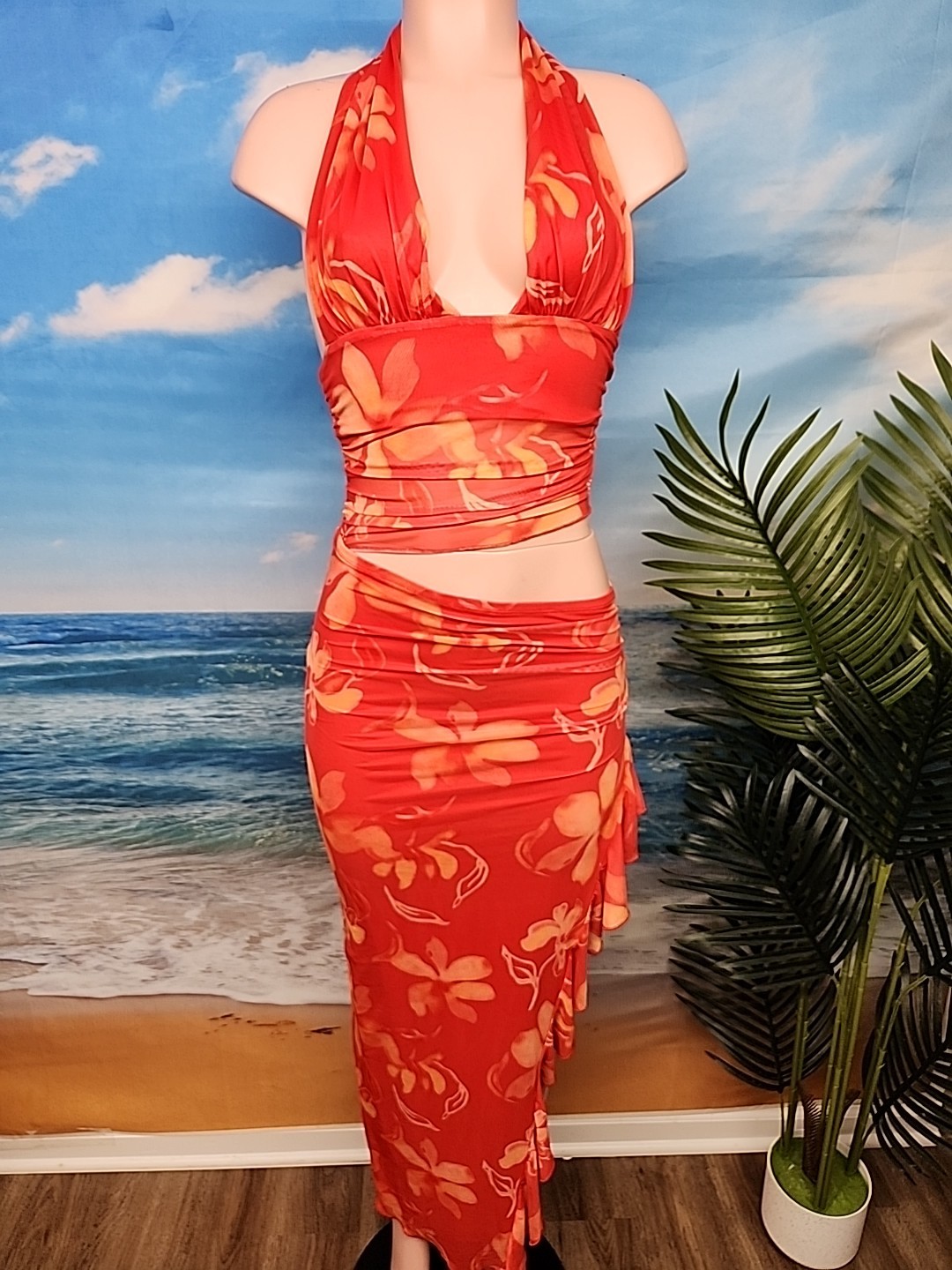 No Tag Commense Red All Mesh Floral Ruched Long Dress Size Small