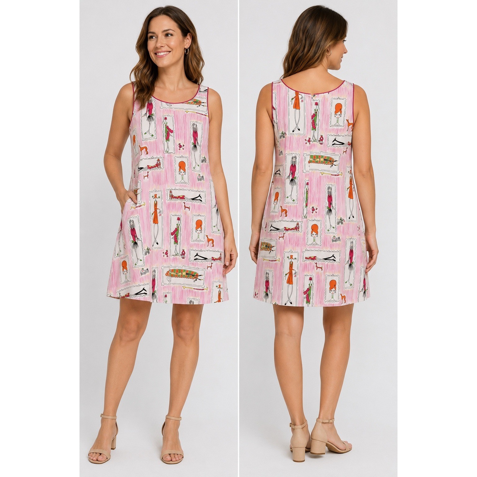 Becky & Max Pink Retro Art Mod Fashion Illustration Print Shift Dress Pockets 2