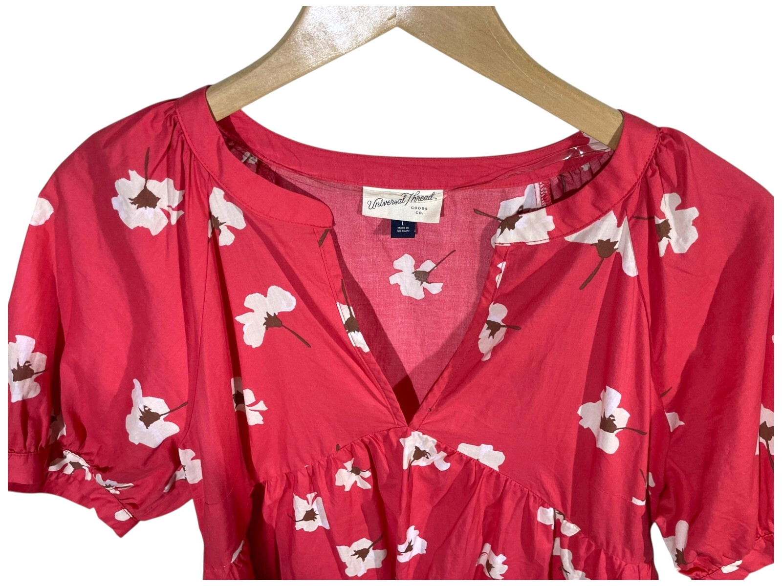 Universal Thread Puff Sleeve Floral Tiered Babydoll Dress Sz L Coral Beach Boho