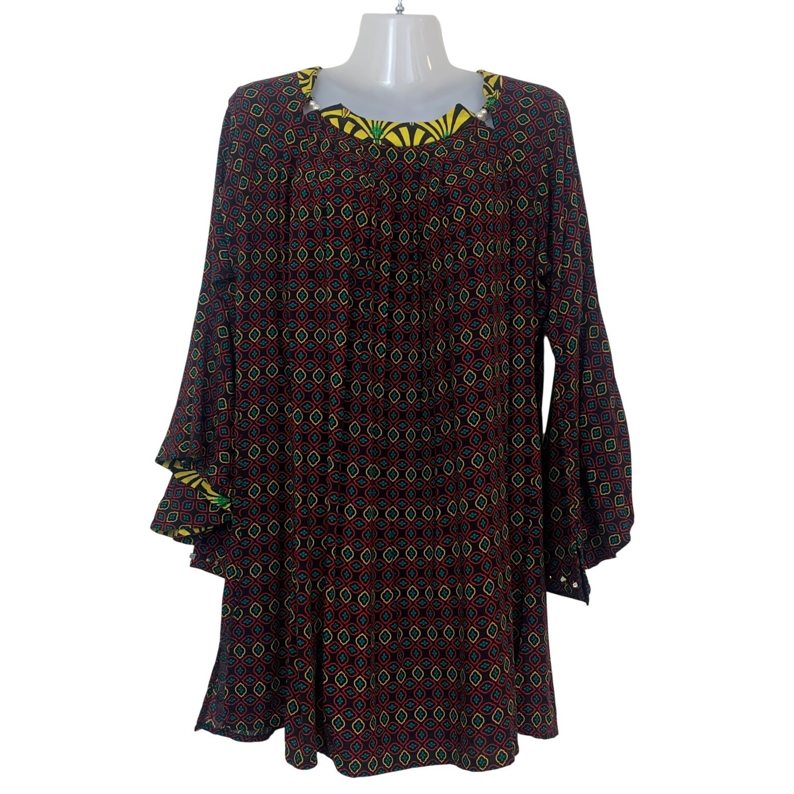 Polka Dots Women’s M Geometric Medallion Tiered Bell Sleeve Tunic Mini Dress