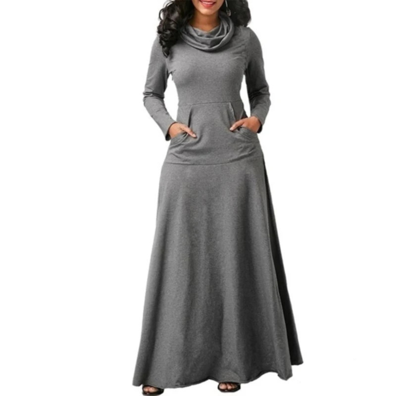 Plus Size 5XL Elegant Long Maxi Dress spring Winter Warm High Collar Women