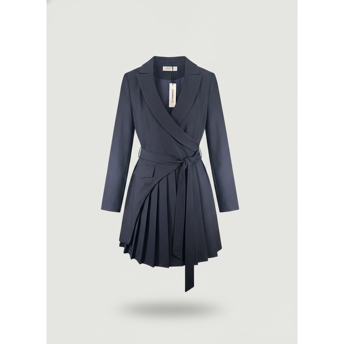 Commense Navy Blue Pleated Wrap Blazer Mini Dress XS Long Sleeve Tie Waist NEW