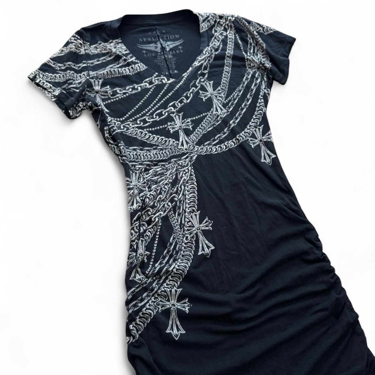 Affliction Y2K grunge goth black mini ruched Cross Chain Print dress