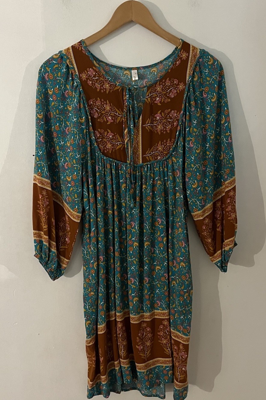 Qearal 100% Rayon Boho Prairie Floral Puff Sleeve Sun Dress Women’s Size Small