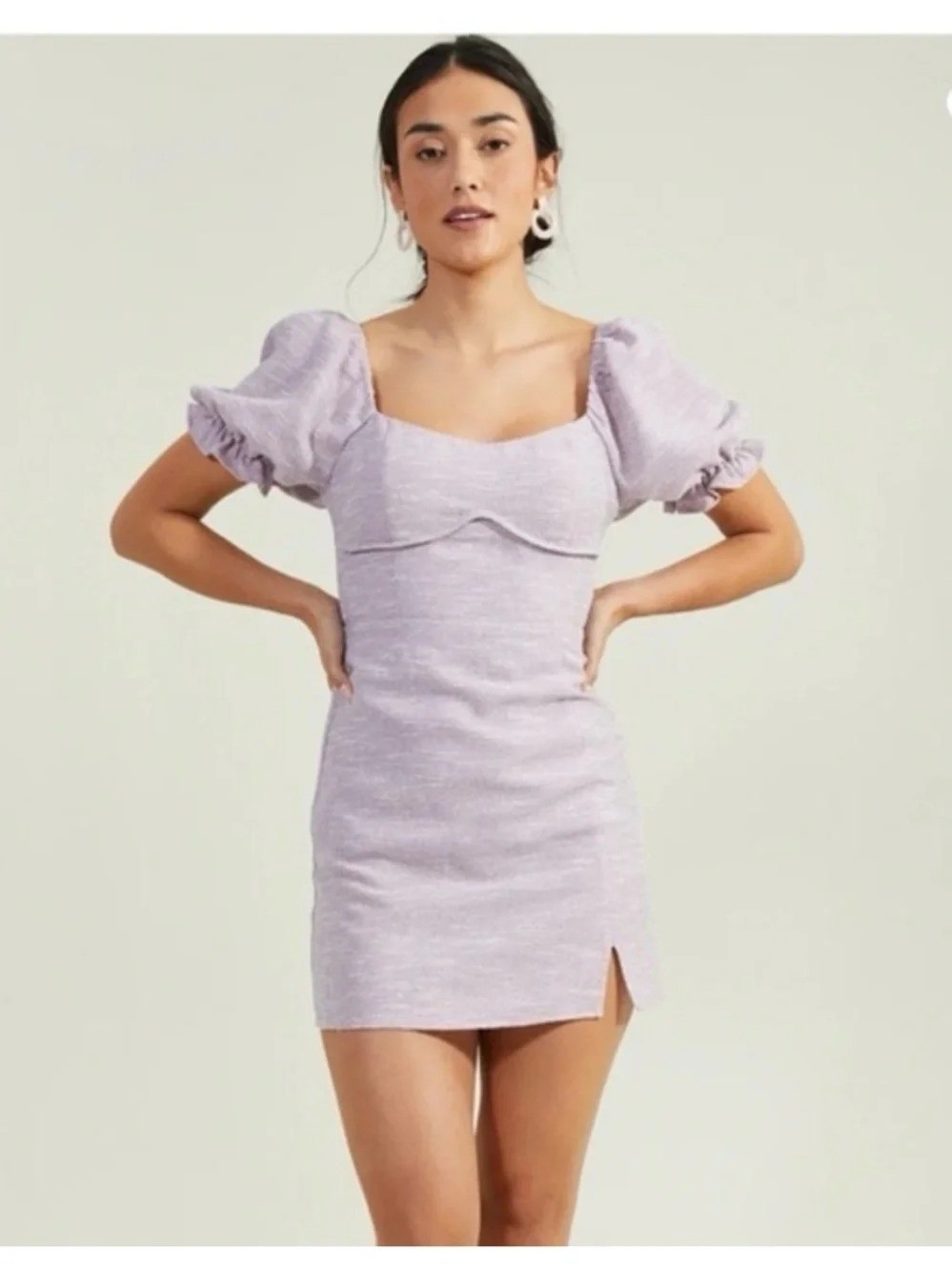 ALTAR’D STATE Tweed Knit Mini Dress Sz S Lilac Purple Sweetheart Neck Puff Sleev