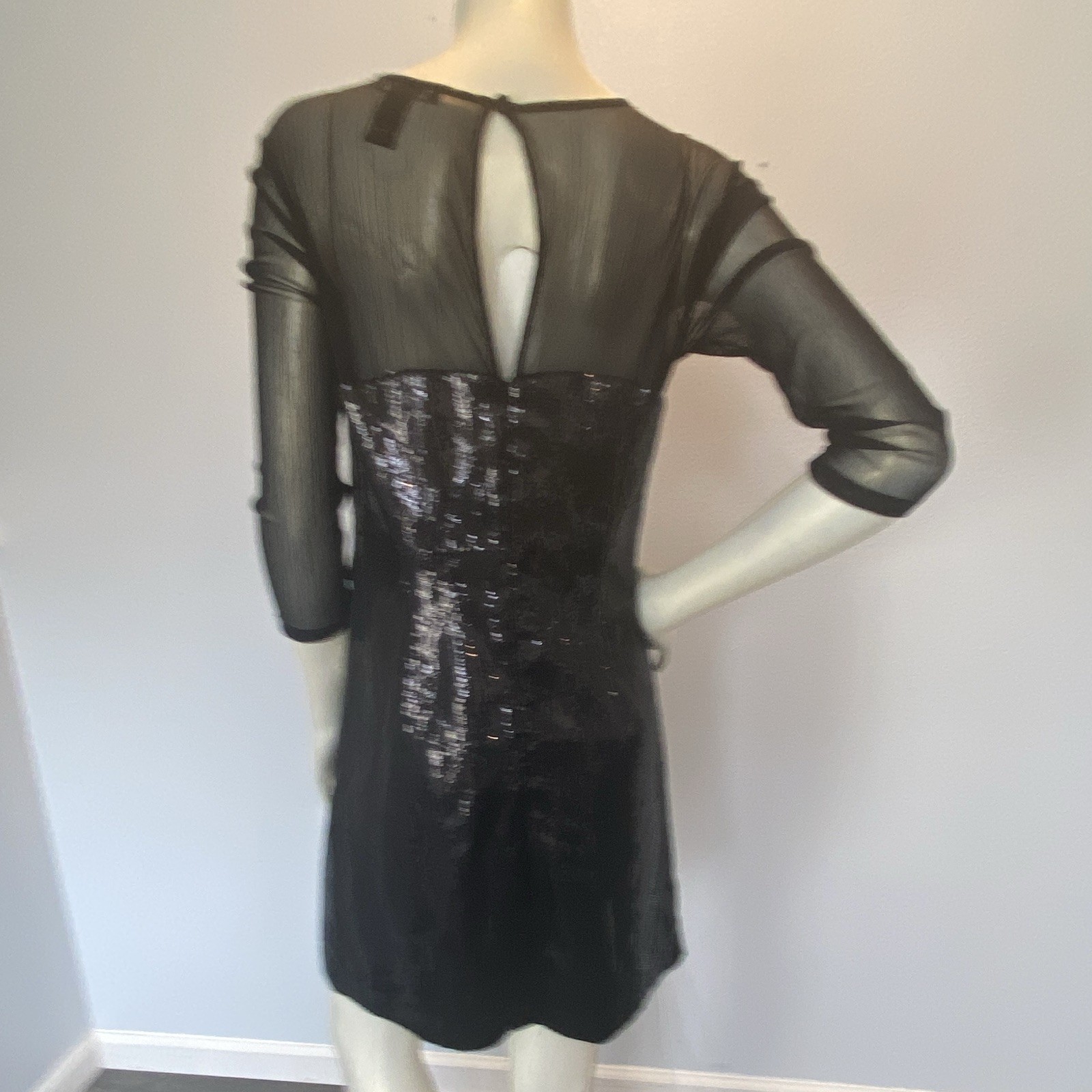 Argenti Black Silver Sequin Mesh Sheer 3/4 Sleeve Sheath Knee Dress 8