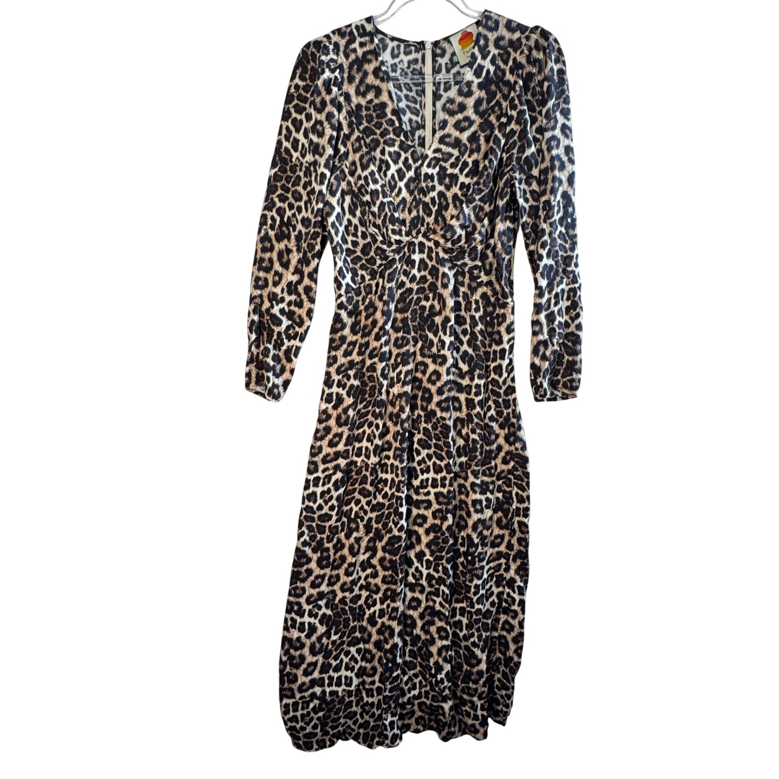 Farm Rio Leopard Animal Print Viscose V-Neck Midi Dress Brown Black Large Boho