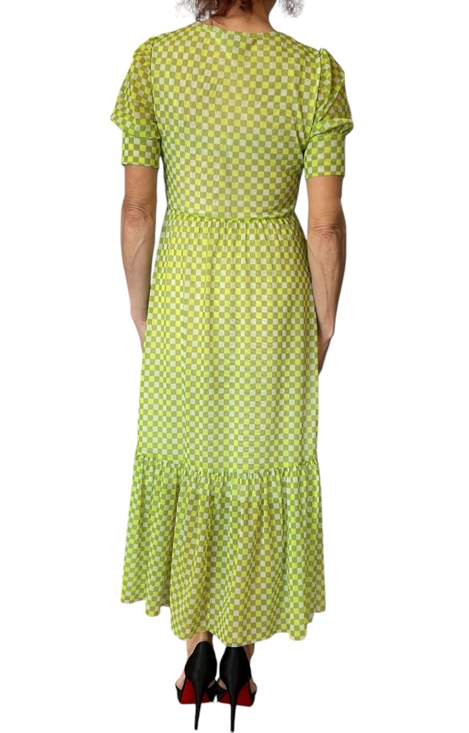 BAUM UND PFERDGARTEN Jocelyn Puff Sleeve Midi Tiered Mesh Green Check Sulphur XS