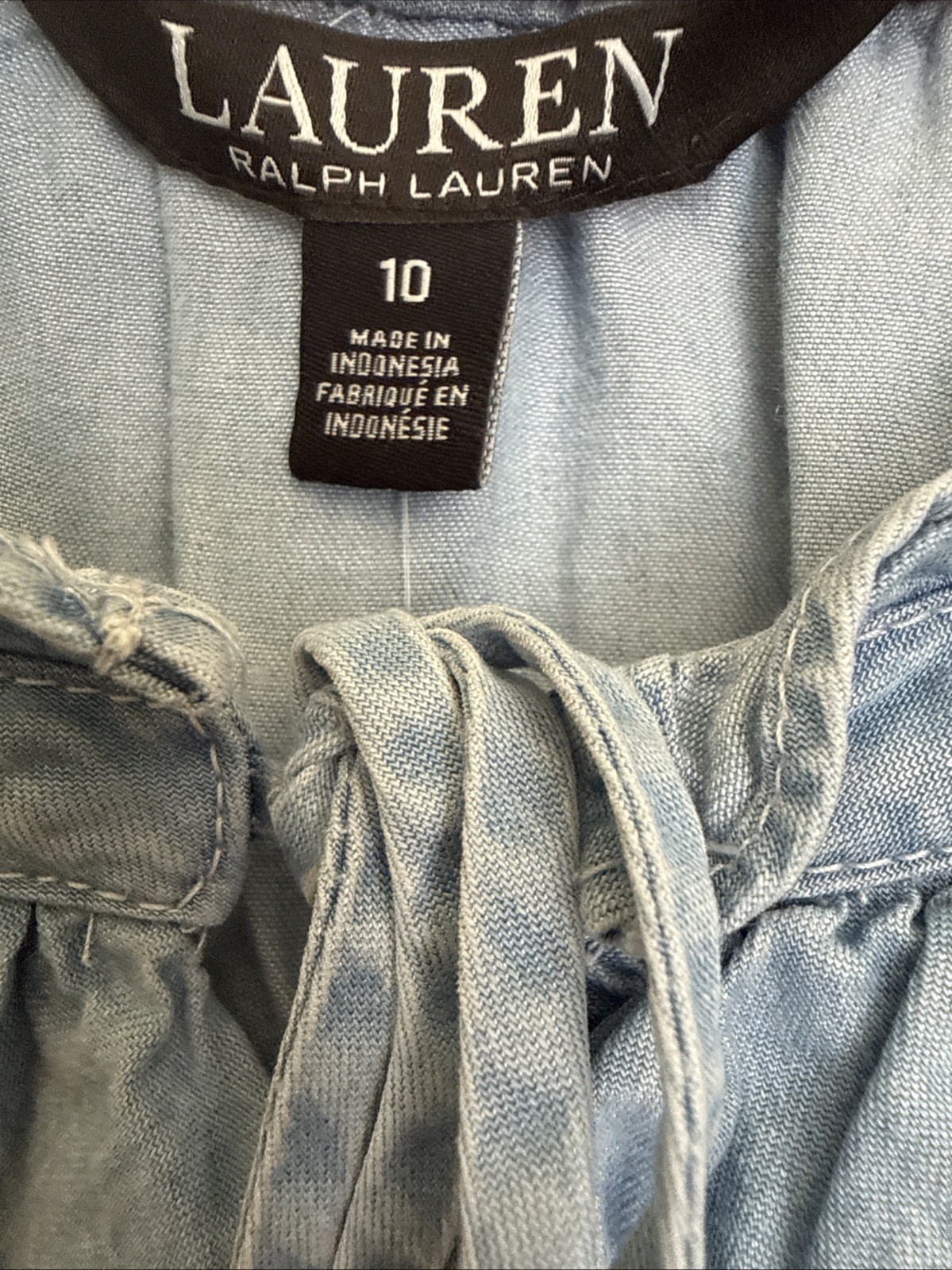 Lauren Ralph Lauren Chambray Dress Ruffle Neckline Tiered Skirt Size10 NWT