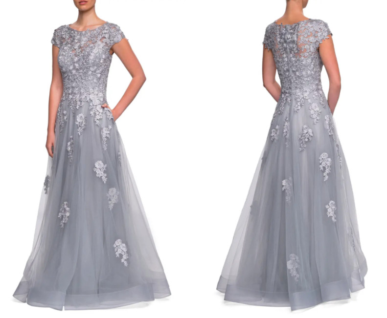 LA FEMME 26907 Silver Embellished Embroidered Rhinestone Mesh Maxi Gown Dress 14