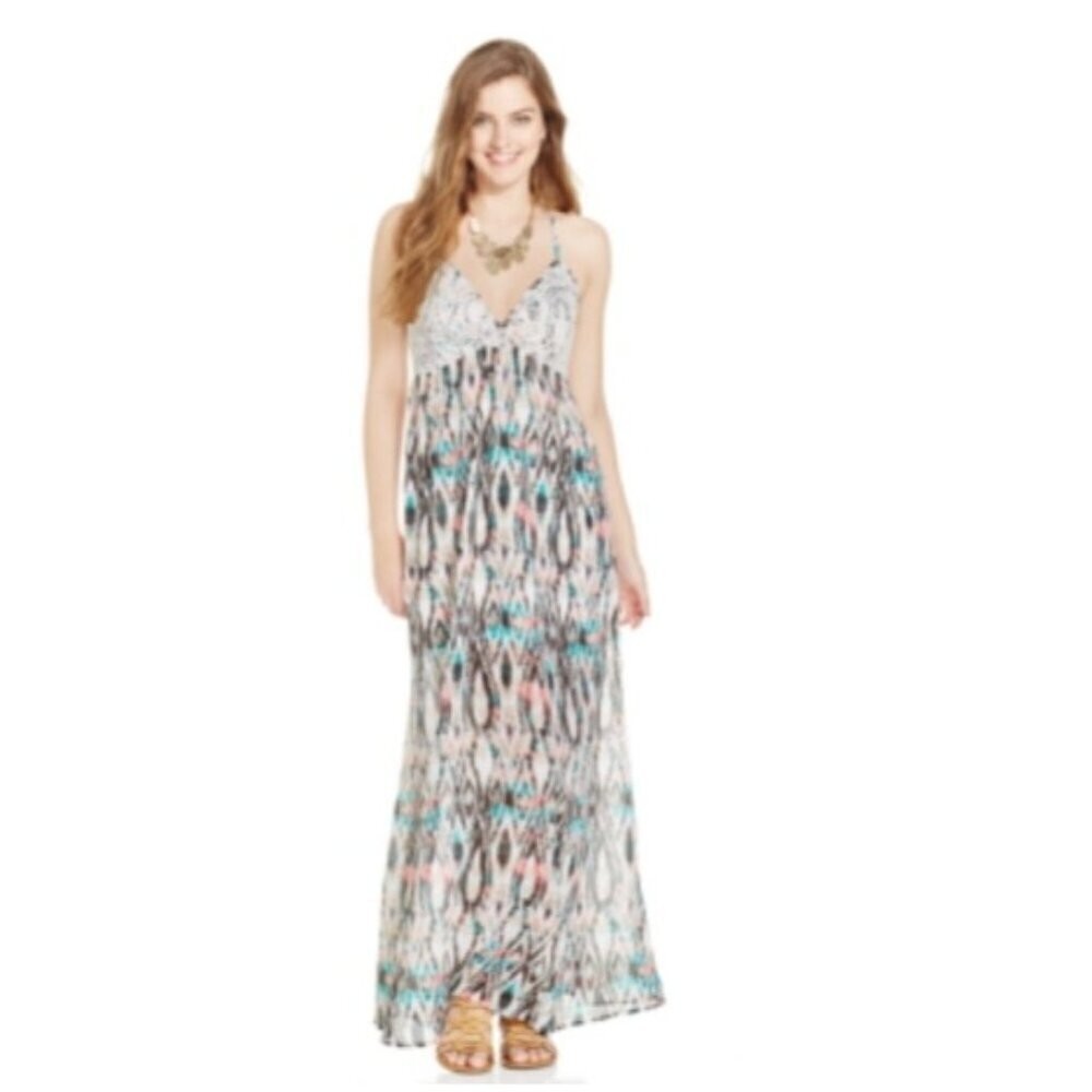 Belle Du Jour Juniors’ Multi-Color Printed Crochet-Trim Maxi Dress NWT Medium