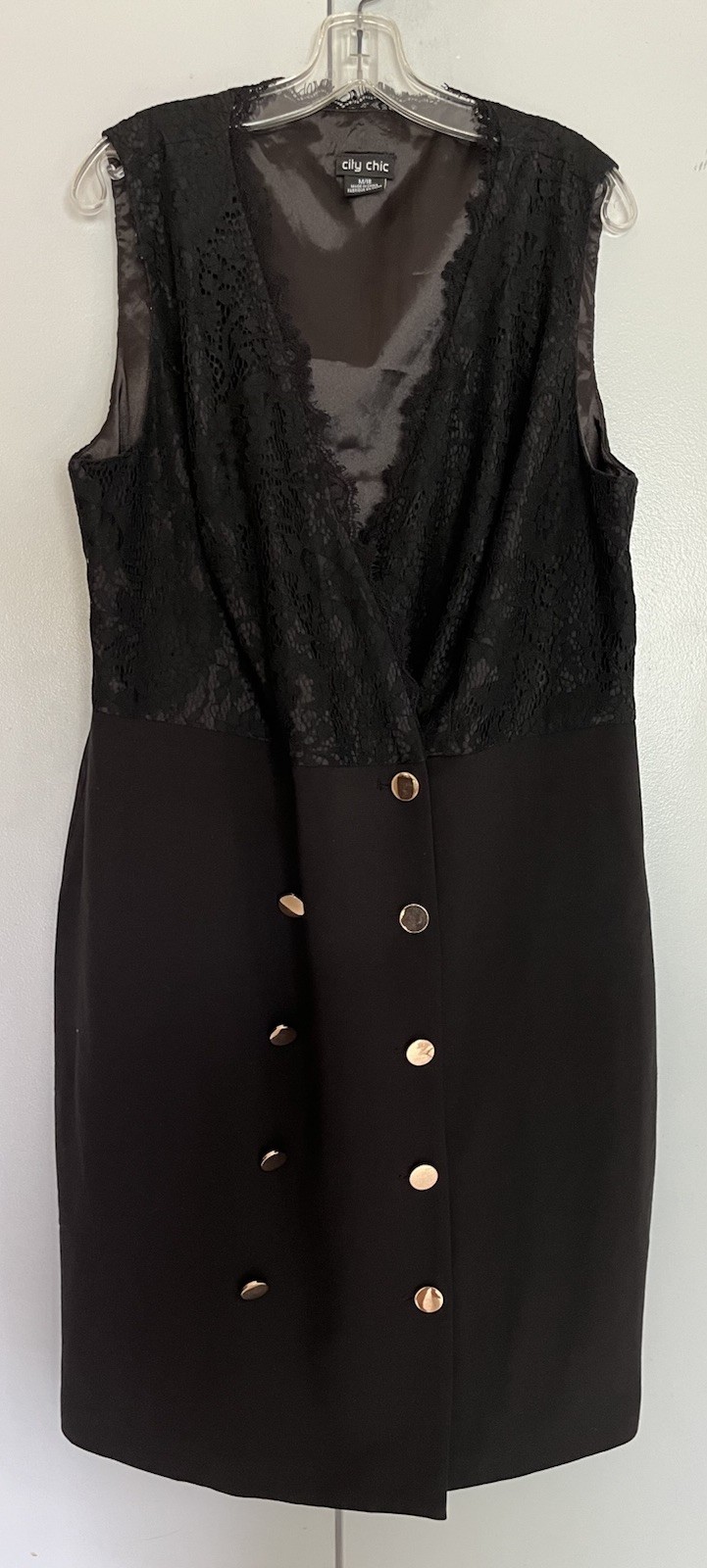 City Chic Button Up Double-Breasted Lace Blazer Dress Sz M 18 Black Sleeveless