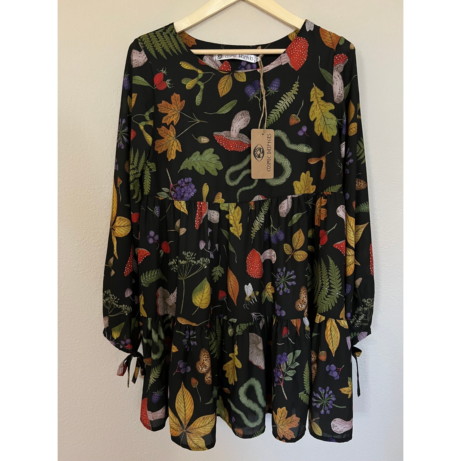 Cosmic Drifters Dress Boho Peasant Mushroom Leaf Snake Butterfly Sz 12 NWT