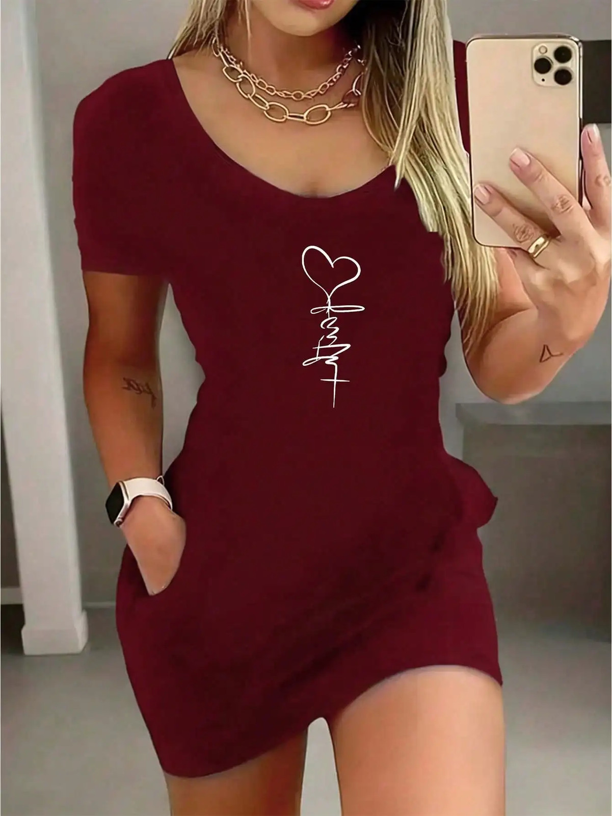 2026 New Women’s Sexy Heart-Shaped Round Neck Short-Sleeved Dress and Skirt