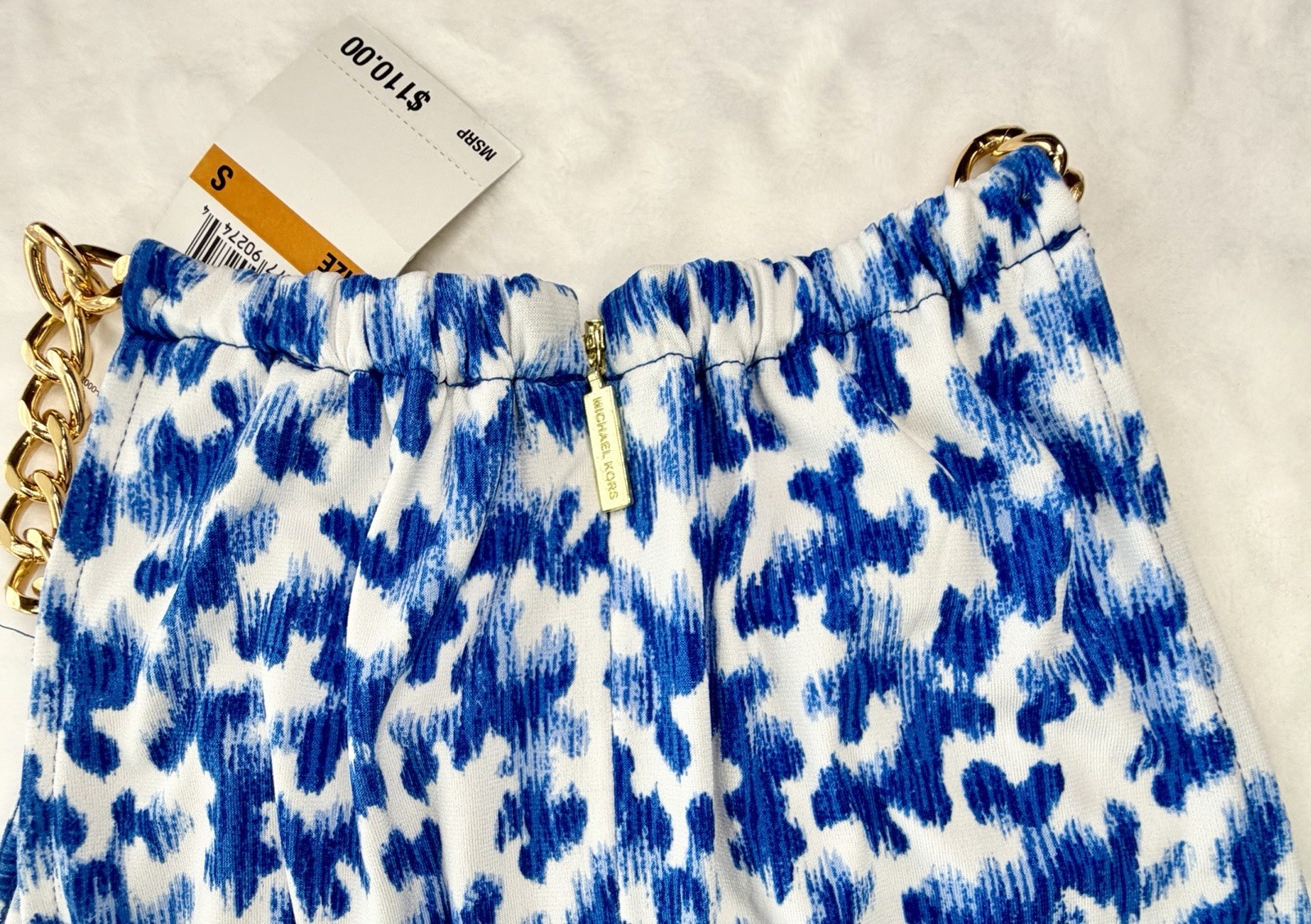 NWT MICHAEL Michael Kors Gold Chain Neck Halter Dress Twilight Blue Abstract S