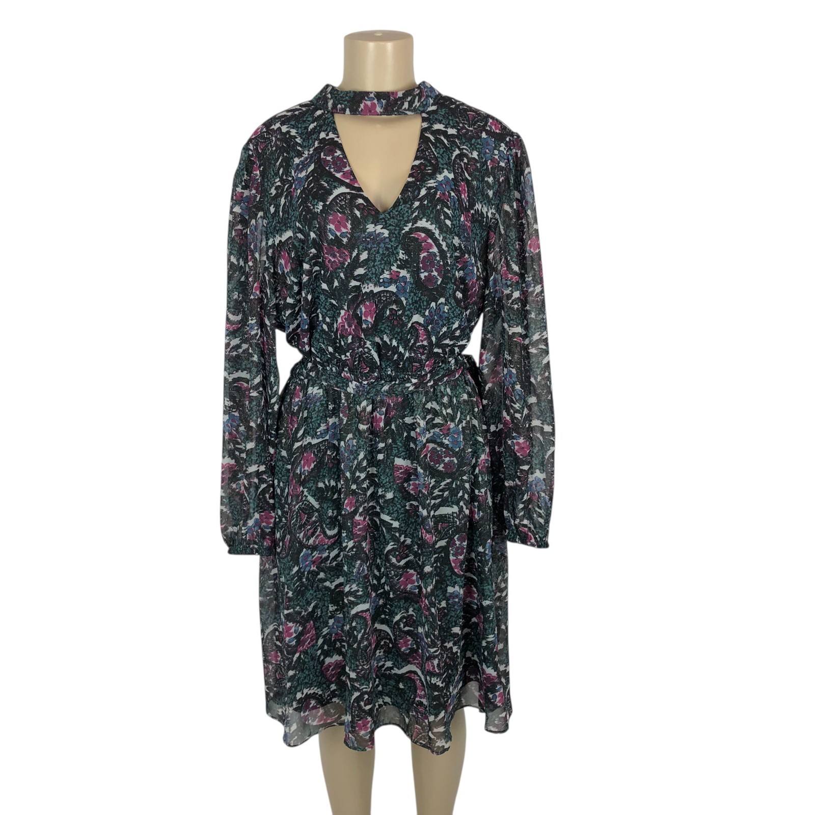 Lane Bryant Multicolor Print Belted A-Line Dress Size 16 Keyhole V-Neck Floral