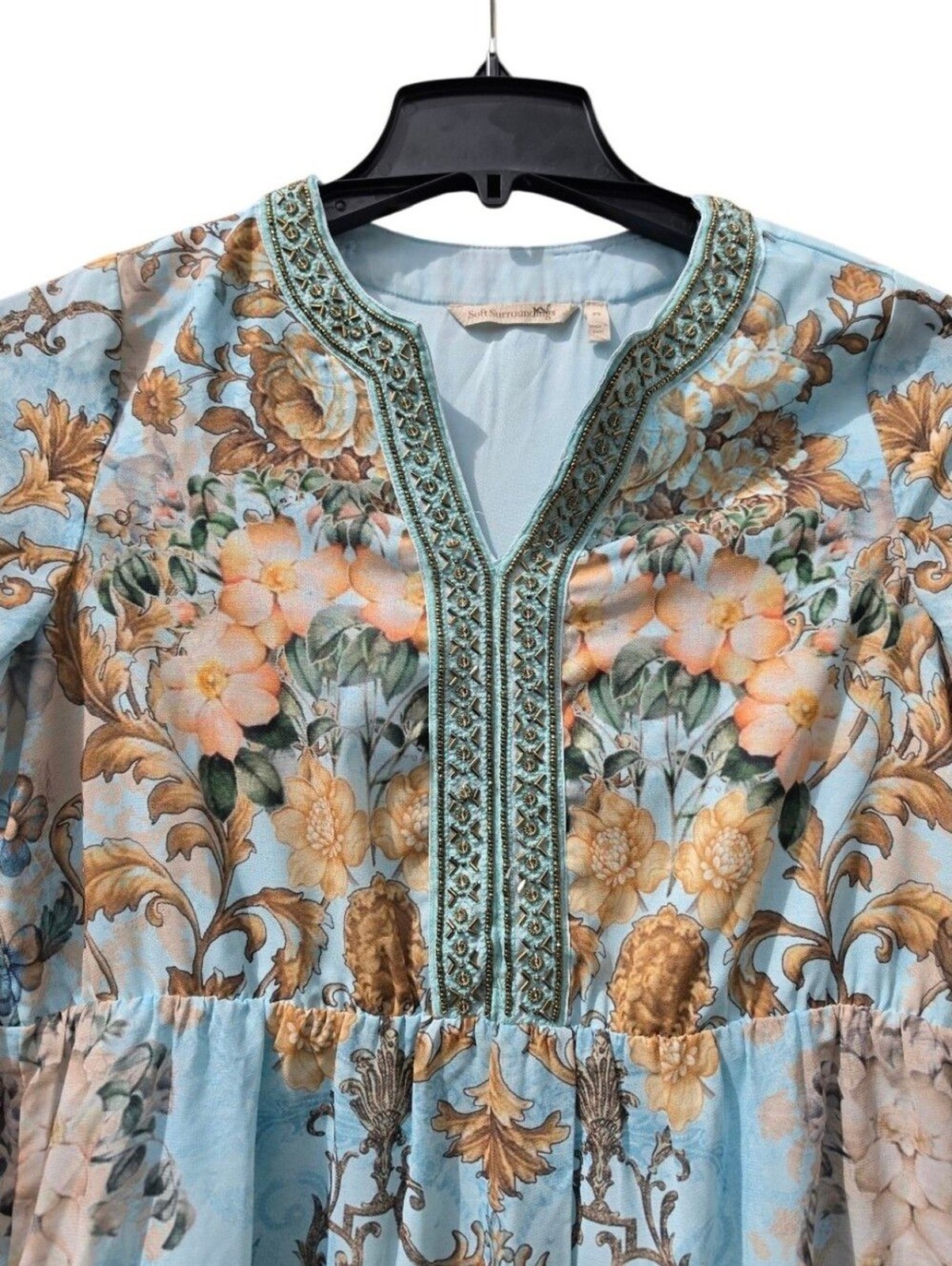 Soft Surroundings Petite Small Light Blue Floral Beaded Tiered Maxi Dress