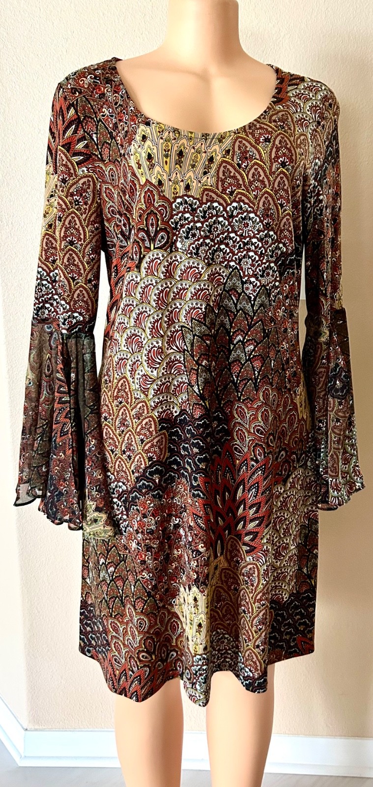 MSK Peacock-print Sheer-Bell-sleeve Multicolor Stretchy-Fabric Shift Dress M