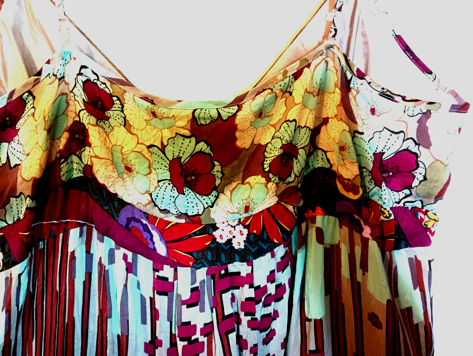 Johnny Was sundress, L, teal and purple, rayon/silk. DS07