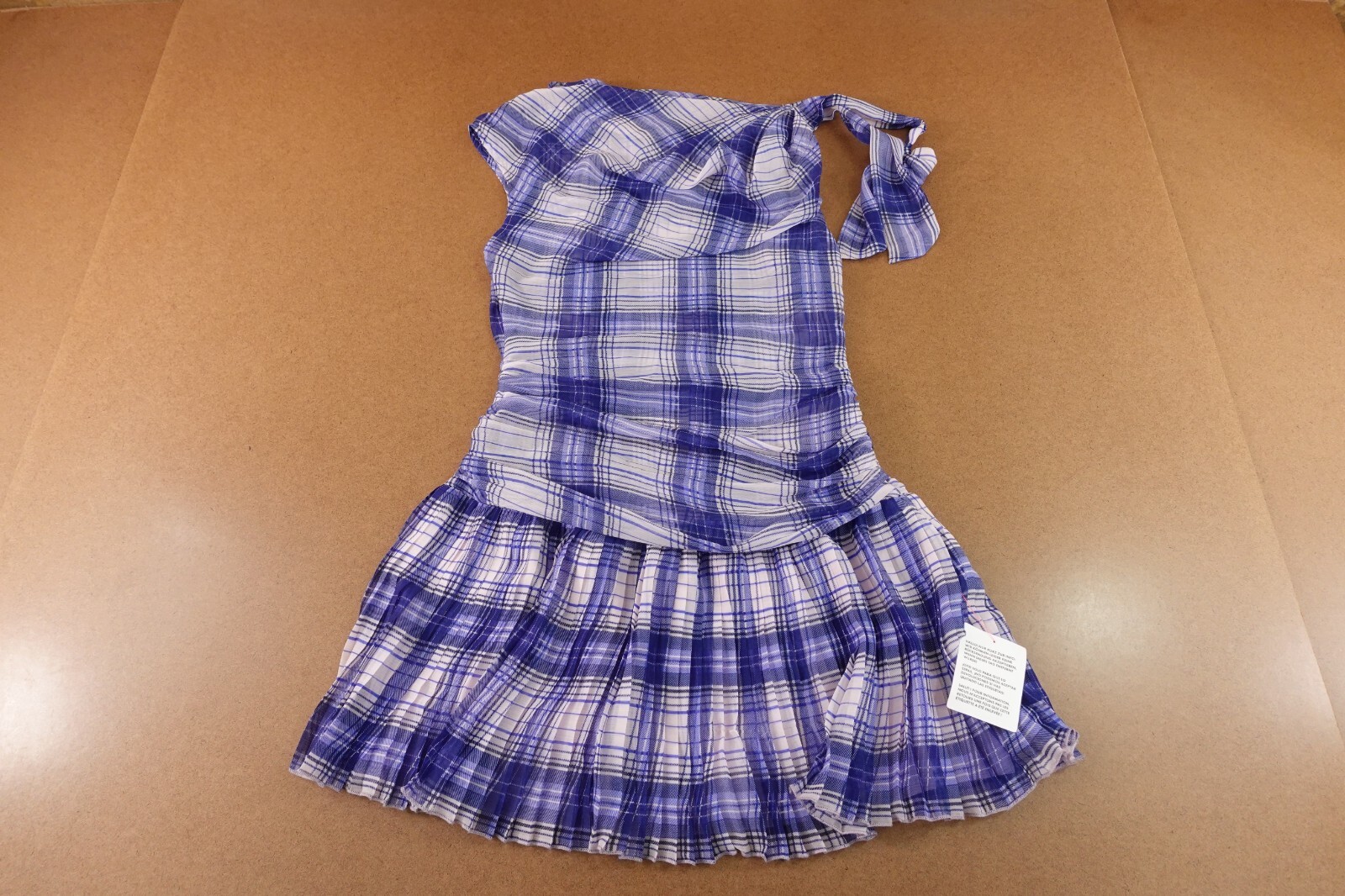 ASOS DESIGN Womens 6 Blue Plaid Bias Drape Bow Accent Pleated Mini Dress NWT