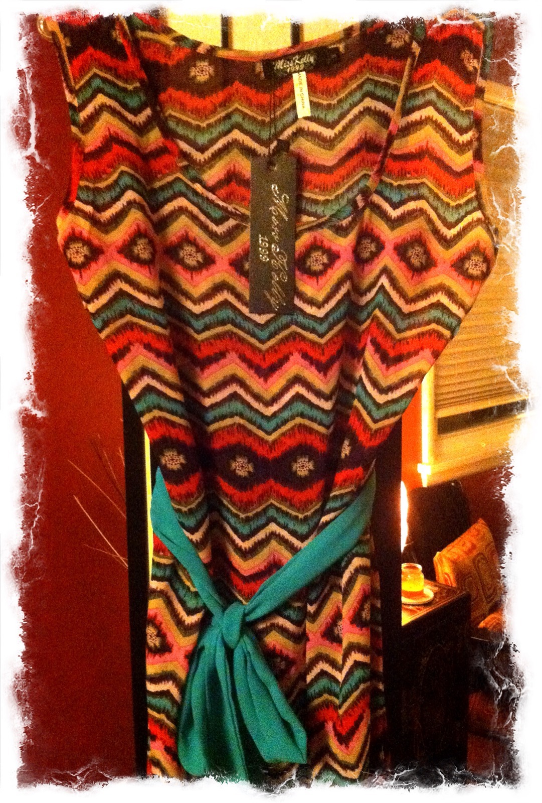 Miss Kelly Zigzag Stripe Long Dress W Side Slits & Sash ~ NWT