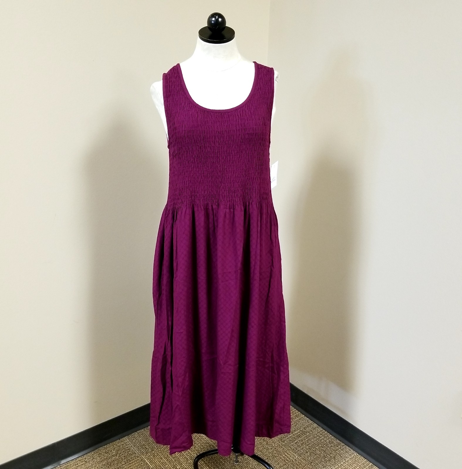 Croft & Barrow Smocked Sleeveless Textured Plum Orchid Purple Midi Dress NWT