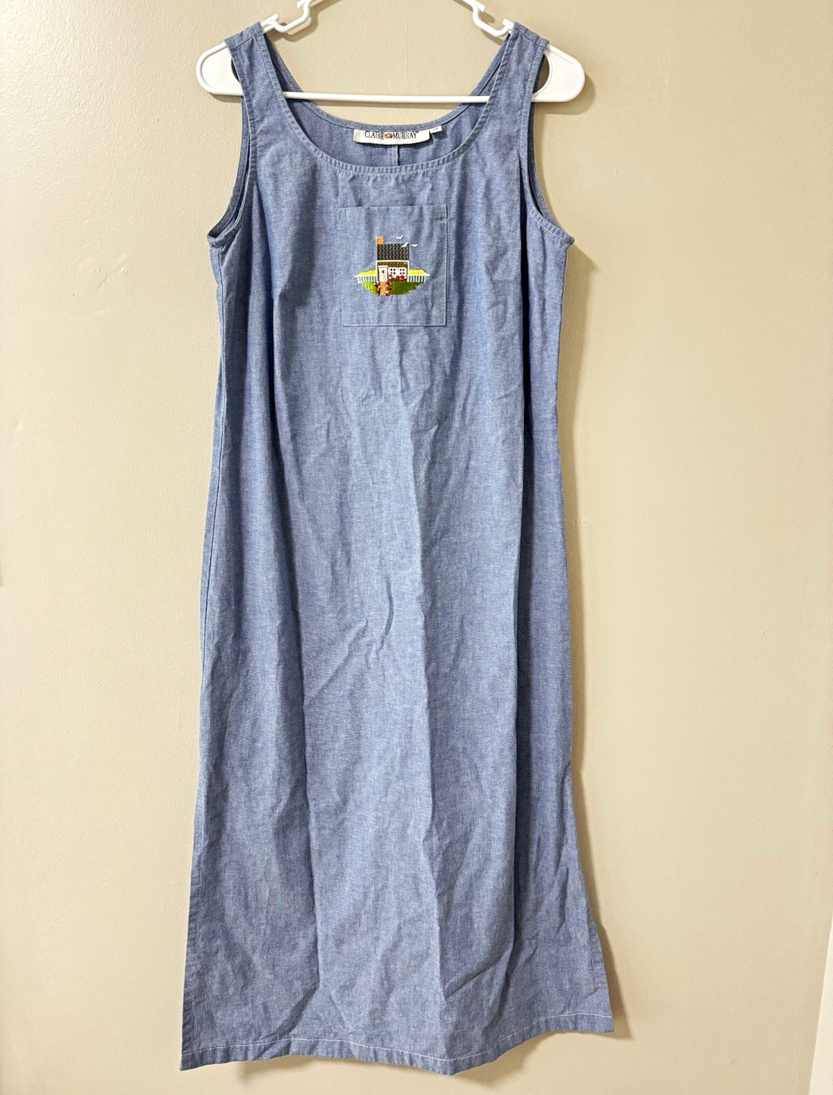 Claire Murray Blue Denim Cotton Shift Dress Scoop Neck Embroidered Slit M