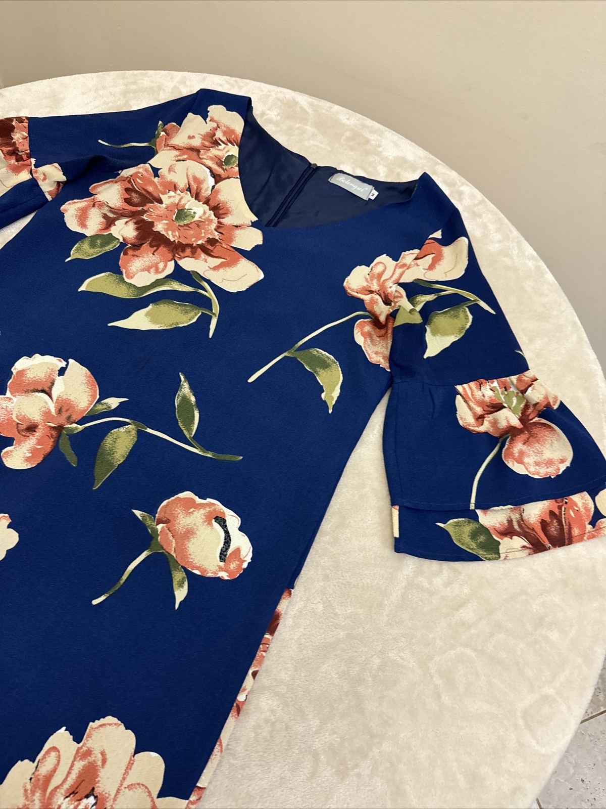 BELONGSCI Womans Navy Blue Floral FLARED SLEEVE Dress Size Medium