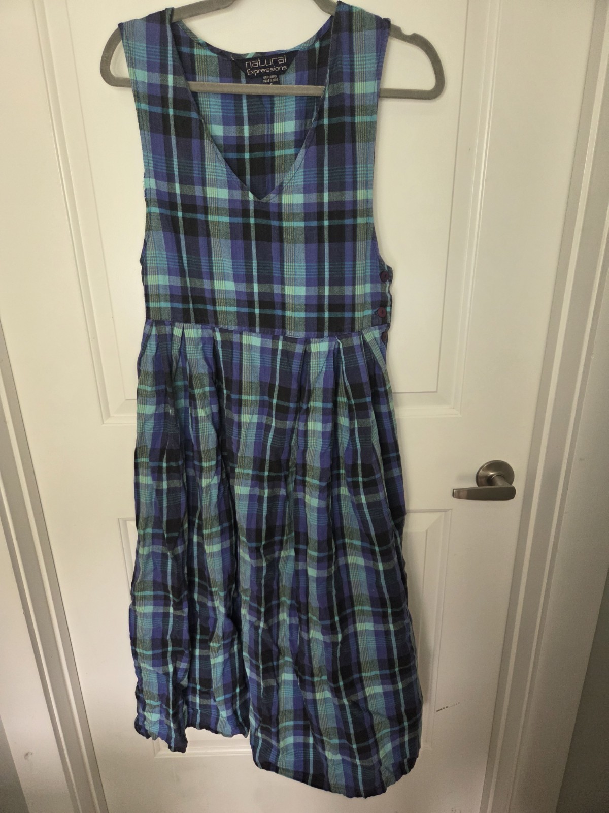 Natural Expressions Women’s Blue Green Plaid V-Neck Button Midi Dress S Cotton