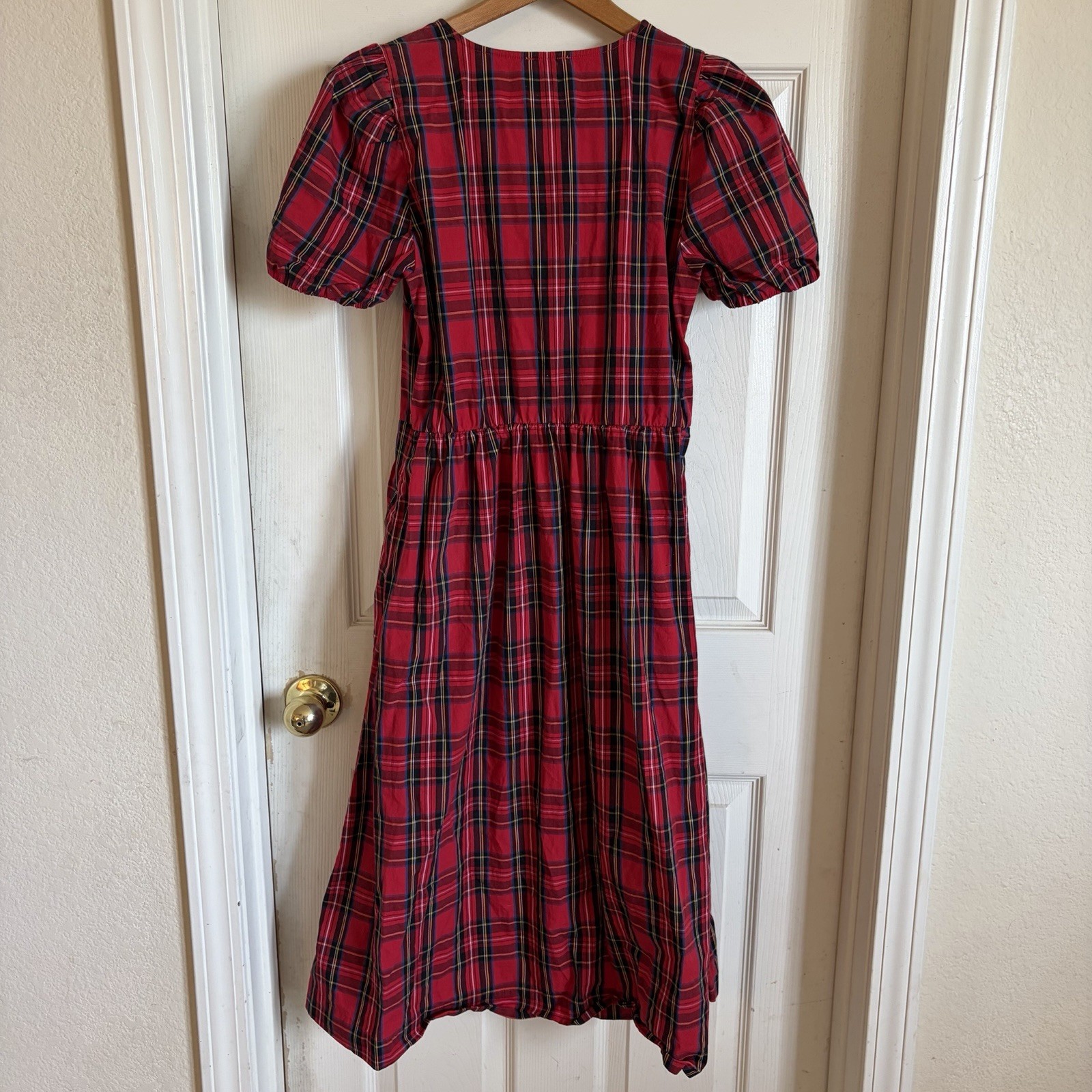 J Crew Red Tartan Plaid Dress Pockets Covered Buttons Puff Sleeves Women’s 4