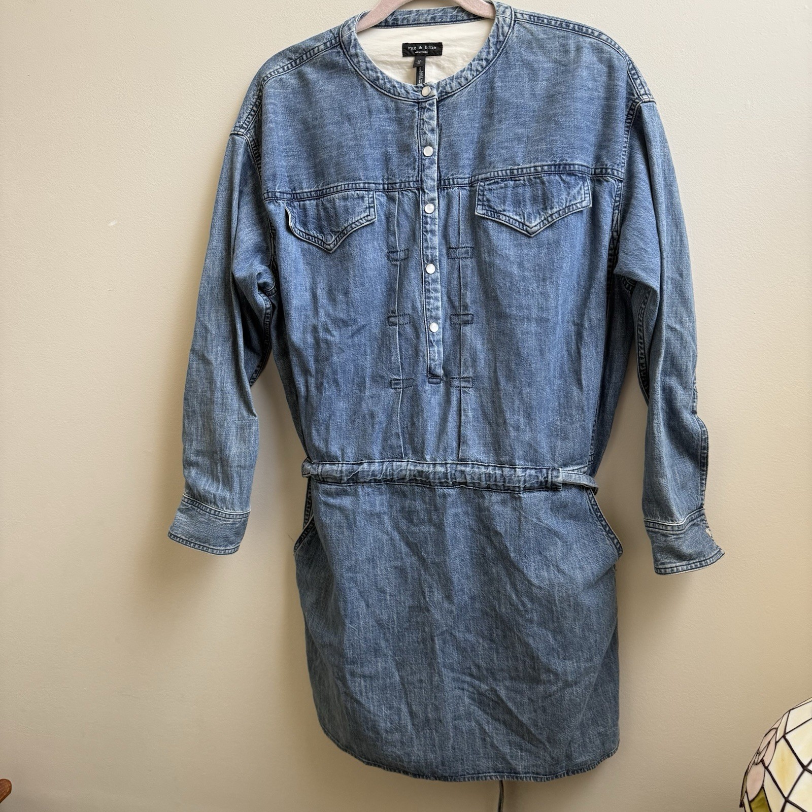 Rag & Bone Chest Pocket Blue Jean Denim Shirtdress Size Medium Pearl Snap