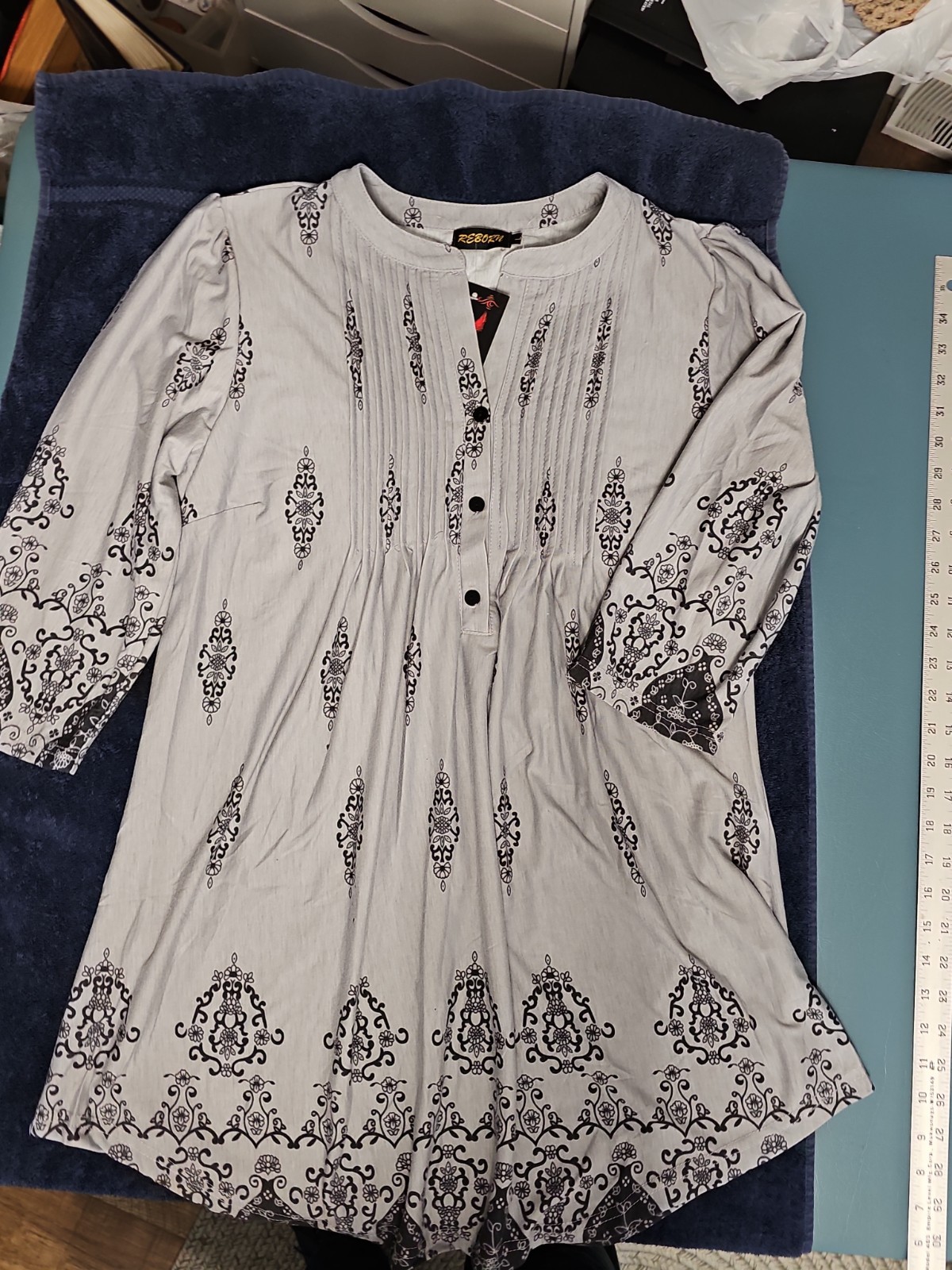 NWT Reborn Gray Black Boho Peasant Mini Dress Women’s Large L
