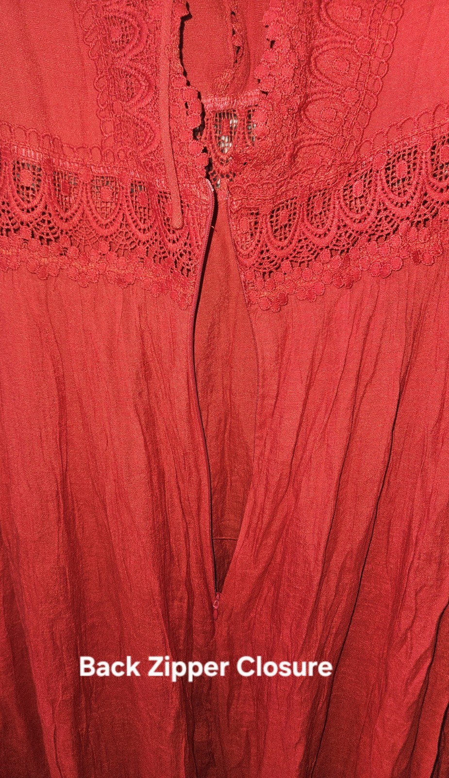Wishlist Apparel, Crochet, Lace Trim, Tiered Midi Dress. Boho Style. Red. Sz. S.