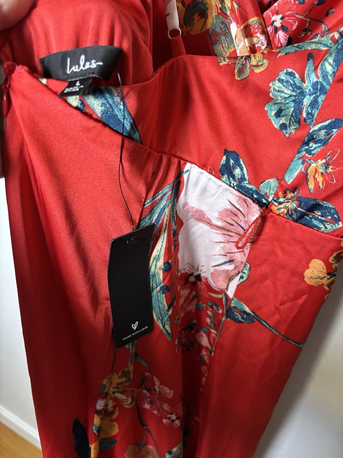 LulusN Dress NWT Large Red Floral Maxi Plunge V-Neck Spaghetti Strap Size L