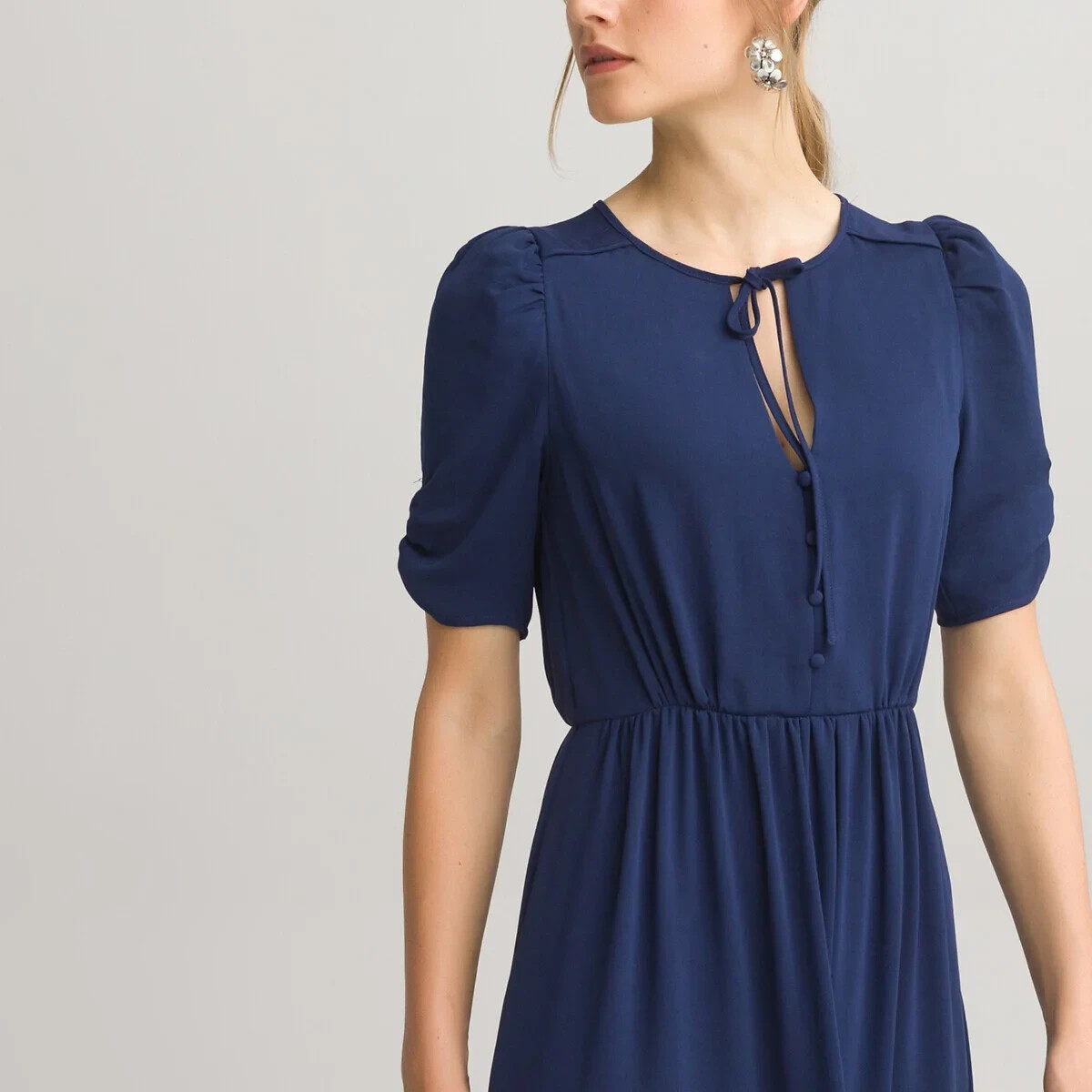 La Redoute Navy V-Neck Midi Dress Size 12 Short Puff Sleeves Draping RRP £52