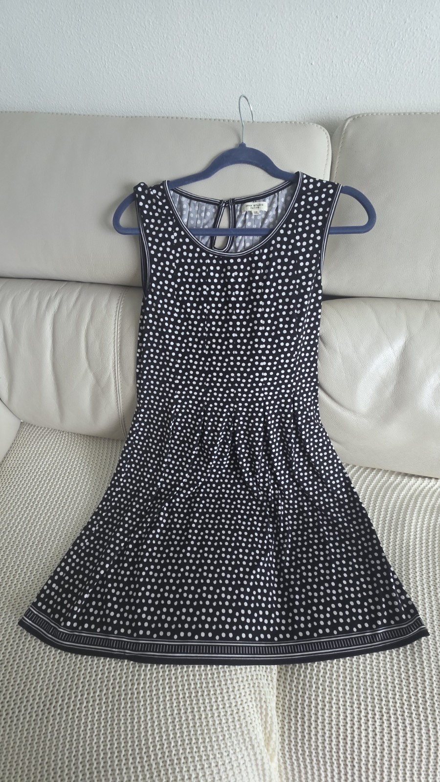 Max Studio Petite sleeveless stretch polka dot A-line dress MP with stripe trim