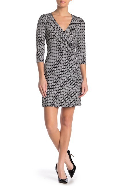 Laundry by Shelli Segal Geometric Jersey Wrap Dress 3/4 Sleeve Black Size Medium