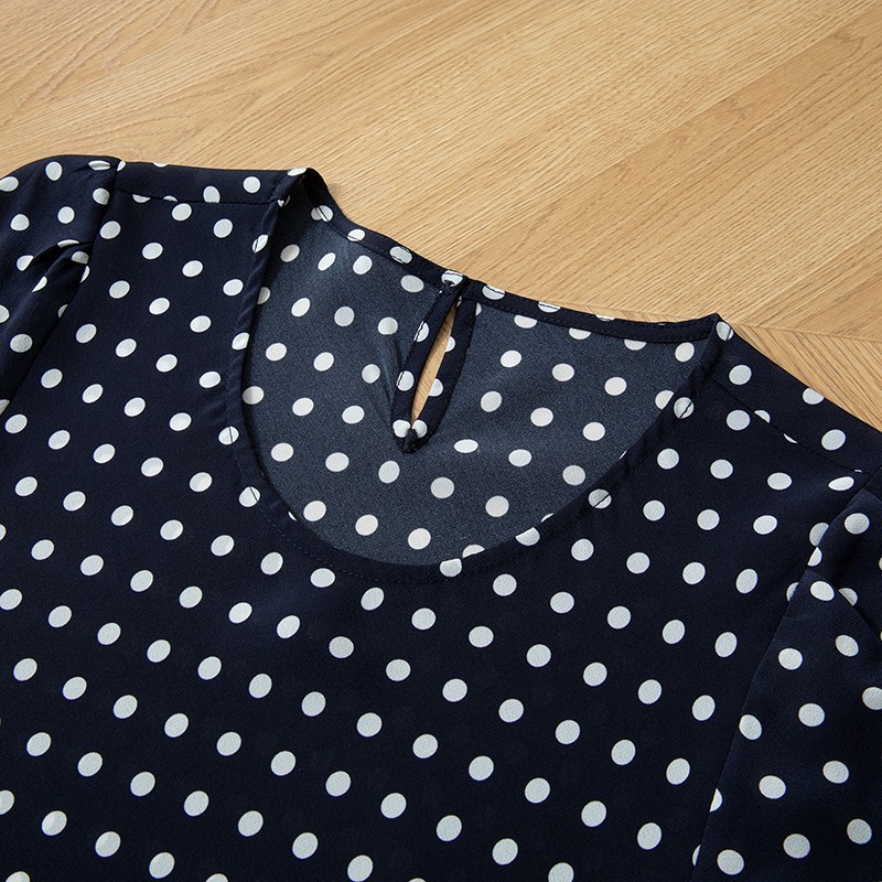 100% Mulbery Silk Navy Polka Dots Short Sleeve Fit Type Women Midi Dress QQ031